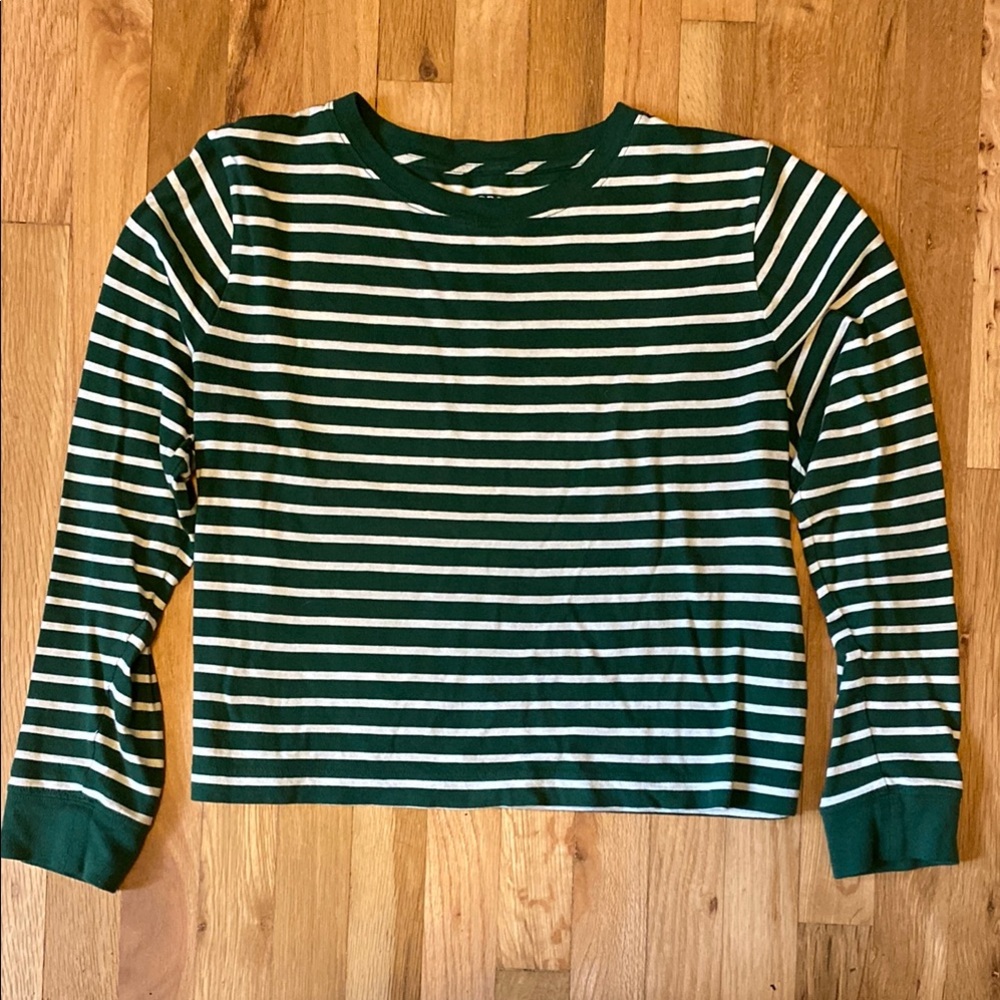 J Crew Cropped Green and White Striped Long Sleeve Tee